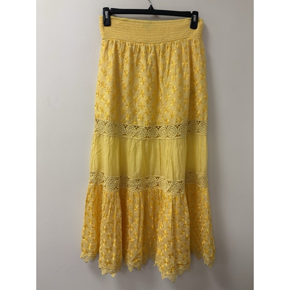 Boston Proper Maxi Skirt Yellow Flowy  Tiered Crotchet Floral High Waist S/M